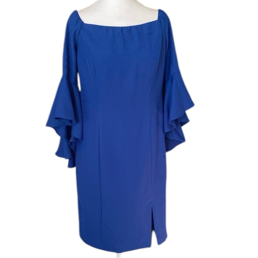 Venus Blue Sheath Bell Sleeve Dress with Flutter Sleeves for Cocktail Size 8